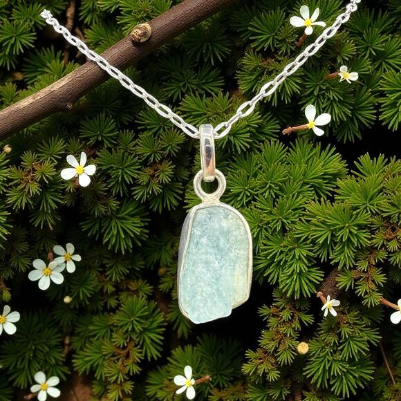Natural Raw Aquamarine Pendant Necklace 925 Sterling Silver Handmade - Picture 1 of 8